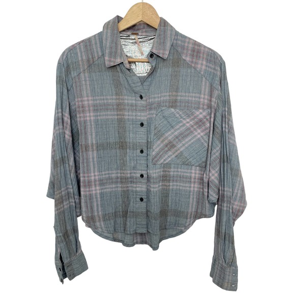 Free People Cutie Plaid Button Down Shirt Blue/Pink #796 - Picture 2 of 9
